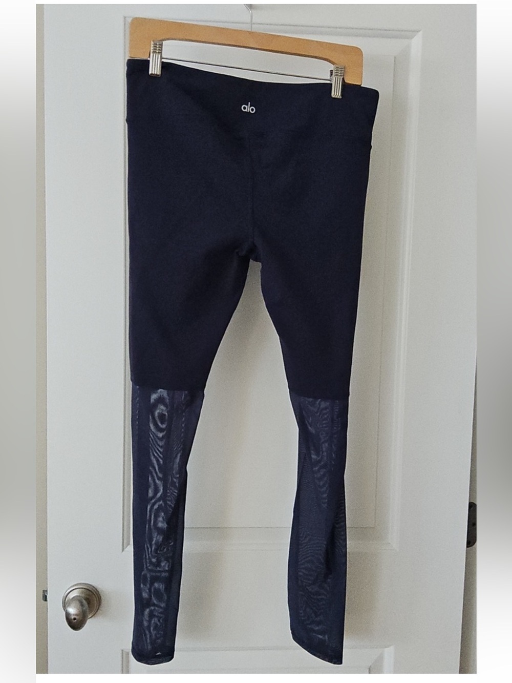 ALO Yoga Navy Leggings with Sheer Mesh Lower Panels